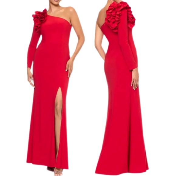 Xscape Jersey One Shoulder Long Sleeve Ruffle Sheath Dress - Picture 1 of 6